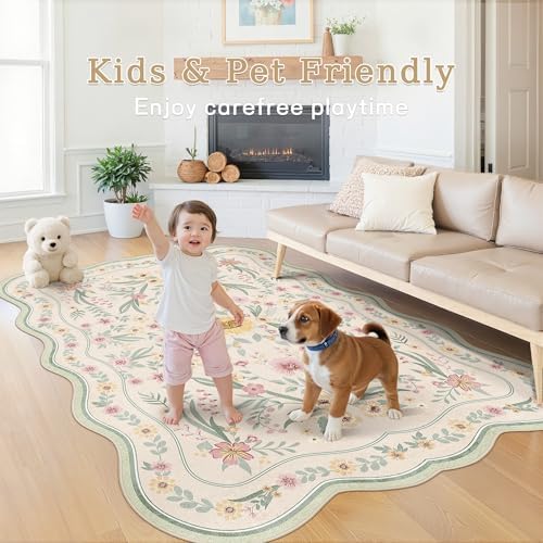 Scalloped Rug 7x9, Sage Green Floral Washable Non Slip Area Rug - Image 3