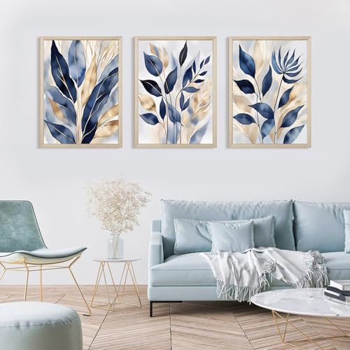 Blue Botanical Wall Art Abstract Leaf Canvas Prints Decor Modern Plant Wall Art - Image 4