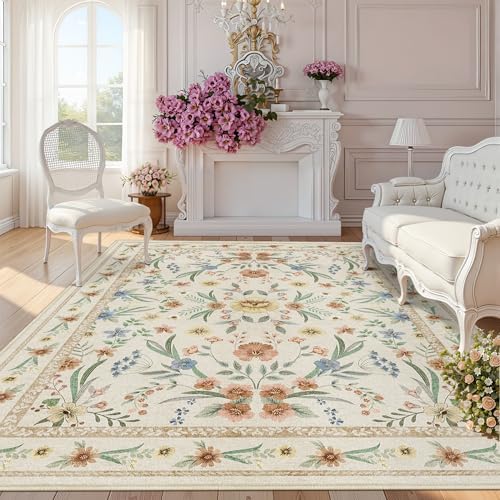 Beige Floral Area Rug 5x7, Neutral Washable Girls Bedroom Rug by Dadasgk