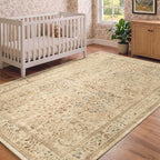 Neutral Tan Floral Area Rug 5x8, Vintage Farmhouse Carpet - Image 4