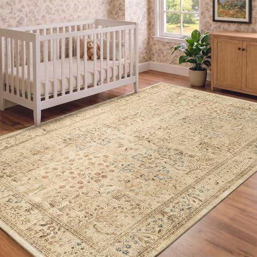 Neutral Tan Floral Area Rug 5x8, Vintage Farmhouse Carpet - Image 4