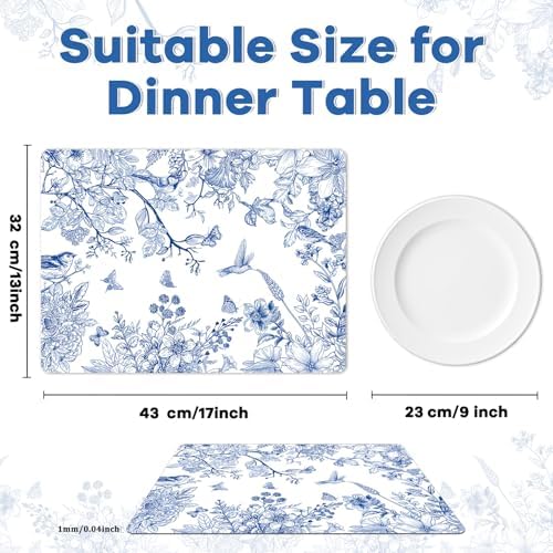 Blue Floral Placemats Set of 6 Flower Bird Plastic Table Mats Seasonal Spring - Image 2