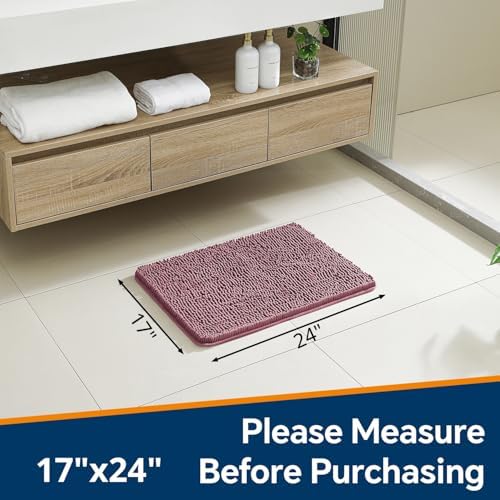 Chenille Bathroom Rug 17"x24" Dusty Rose, Non-Slip Plush Bath Mat - Image 2