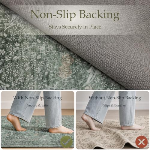 JOLLYVOGUE 3x5 Washable Rug, Vintage Floral Area Rug, Moss Green - Image 4