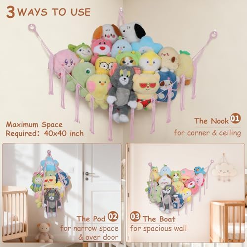 Stuffed Animal Net Hammock Corner, 55Inch Large No Drilling Plushie Net - Image 3