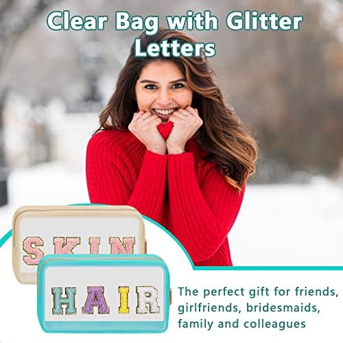Iqimott Clear Patch Makeup Bag Hair Pouch, Preppy Personalized Chenille Letter - Image 5
