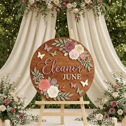 Personalized Wooden Name Sign, Custom Floral Round Wall Decor, Rustic Wooden - Image 6