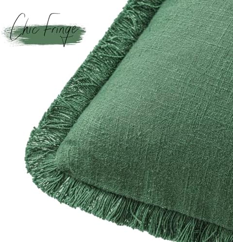 Foindtower Boho Linen Fringe Lumbar Throw Pillow Covers 12×20 Pine Green - Image 3