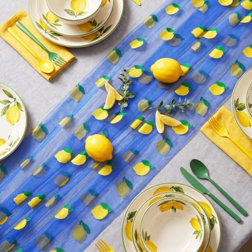 4 Pcs Lemon Royal Blue Tulle Table Runner 29x70 Inch Italian - Image 2