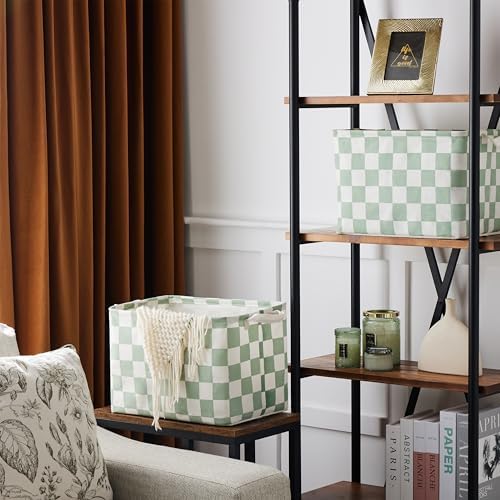 Ohocut Sage Green Checkered Canvas Basket, Rectangular Organizing Decorative - Image 3