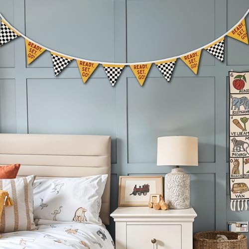 Race Car Room Decor for Boys Canvas Linen Garland Triangle Banners, Ready Set - Image 3
