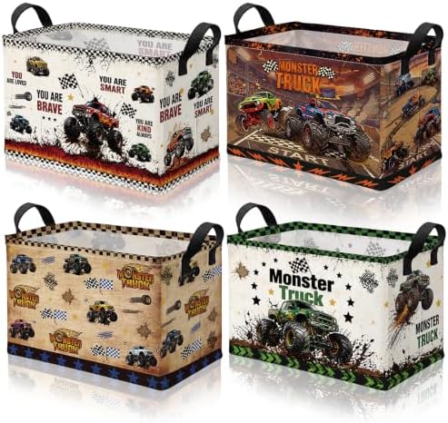 4 Pcs Race Car Storage Basket for Gifts Large Monster Truck Storage Bins by Bulyoou