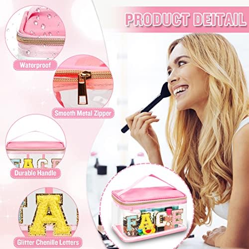 Chenille Letter Clear Makeup Bags Face Pouch, Preppy Patch Makeup Bag Zipper - Image 3