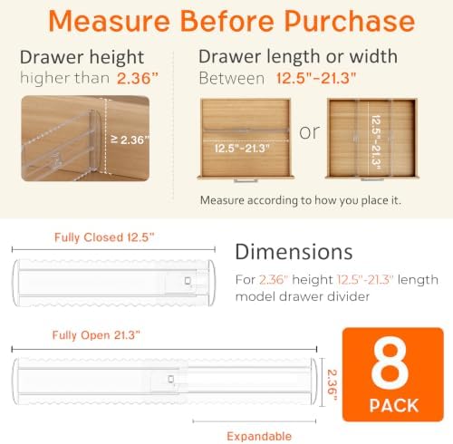 8 Pack 2.36" High Shallow Drawer Dividers, 12.5"-21.3" Expandable - Image 2