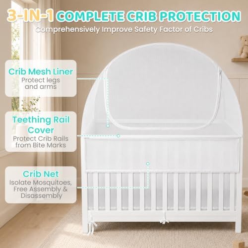 Full Size Cribs 3-in-1 Breathable Mesh Crib Liner, Teething Rail Cover & Crib - Image 3