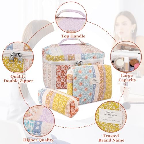 Gosect Quilted Makeup Bag Set, Large Floral Cosmetic Bag - Image 3