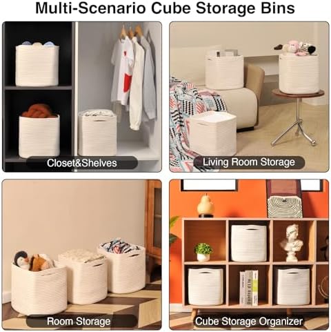 ICERZCZ 13 Inch Cube Closet Storage Bins, Woven Cotton Rope Organizer Baskets - Image 5