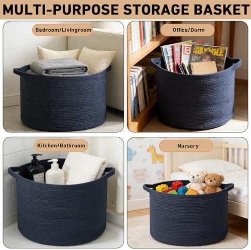 115L Extra Large Woven Cotton Rope Laundry Basket-Navy Blue - Image 6
