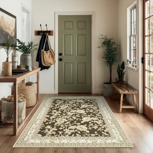 Brown Floral Rug for Bedroom Washable Rugs Non Slip Floor Covering 3x5 Ft - Image 4