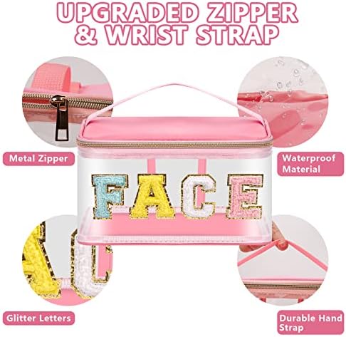 Iqimott Preppy Clear Makeup Bag Face Pouch, Chenille Letter Cosmetic Bag - Image 3