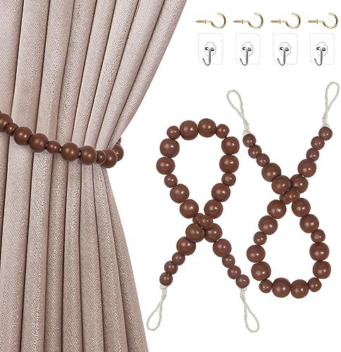 Hion 2 Pcs Boho Curtain Tiebacks, Wood Beads Curtain Holdbacks, Outdoor by Hion