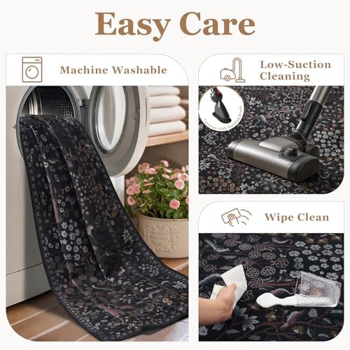 Midnight Blue Washable Entryway Rug 2x3, Tree of Life Whimsical Floral Animal - Image 5