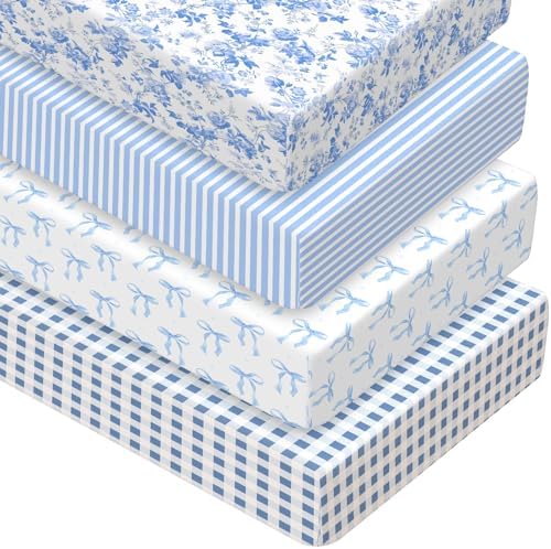 Peryiter 4 Pack Crib Sheets for Baby 52'' X 28" Blue Bow Crib Sheet by Peryiter
