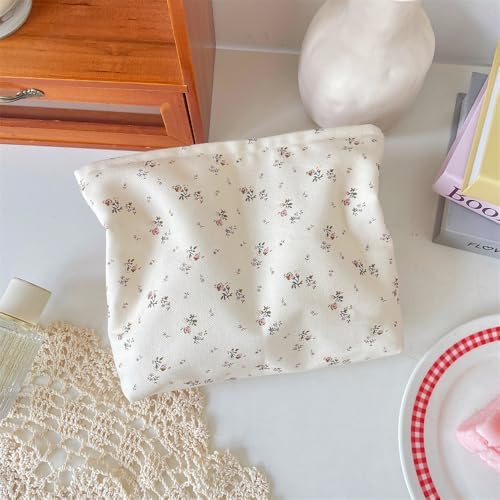 Flat Makeup Bag for Women, Zipper Cosmetic Pouch for Purse, Flower Beige - Image 6