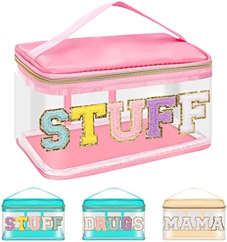 Iqimott Preppy Clear Makeup Bag Stuff Pouch, Chenille Letter Cosmetic Bag by Iqimott