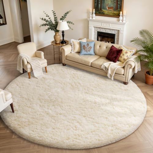 Ophanie Round Rugs 8Ft Ivory Circle Area Rug Washable, Large Living Room by Ophanie