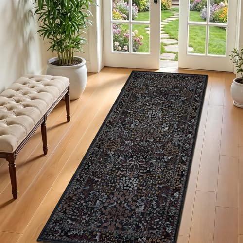 Midnight Blue 2x5 Hallway Runner Rug, Boho Floral Animal Printed Thin Washable by Jainmy
