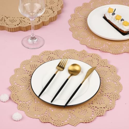MCEAST 100 Pack Round Brown Kraft Paper Doilies 13.5 Inches Lace Paper Place - Image 4