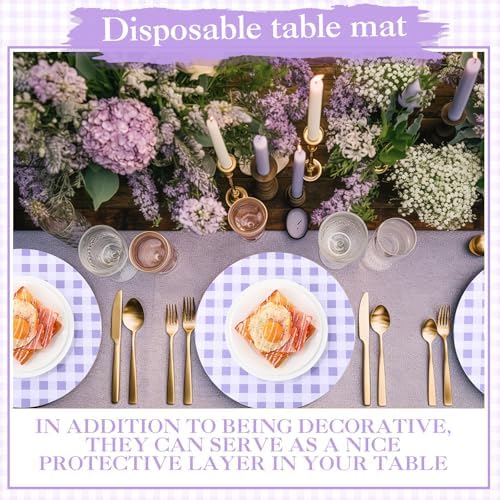Funnymoom 60 Pcs Purple and White Gingham Disposable Paper Placemats Round - Image 6