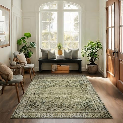 Floral Area Rug with Washable Low Pile Vintage Print Olive Tan Rugs 3x5 - Image 2