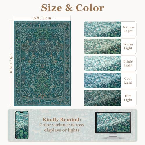 Teal Floral Area Rug 6x9, Low Pile Thin Non Slip Washable Rugs - Image 2