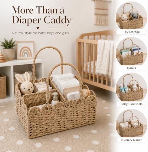 Large Wicker Diaper Caddy Organizer, Scalloped Nursery Basket - Image 5