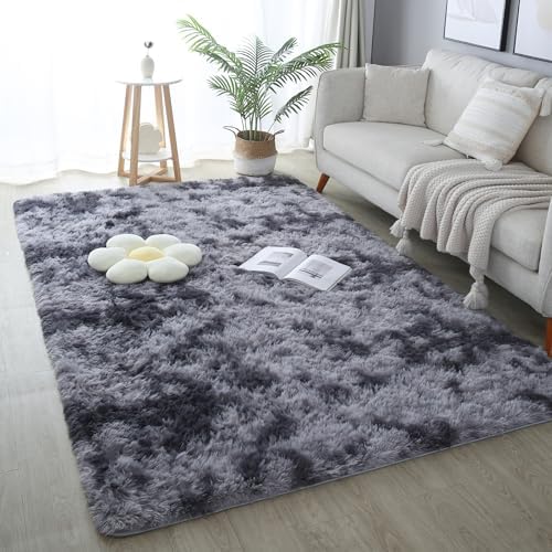 5x7 Tie-dye Dark Grey Shag Rug for Bedroom, Soft Plush Fluffy Carpet by KICHOWUA