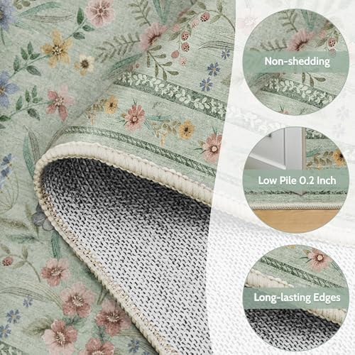 Green Floral Washable Area Rug 8x10 – Large Vintage Boho Non-Slip Carpet - Image 5