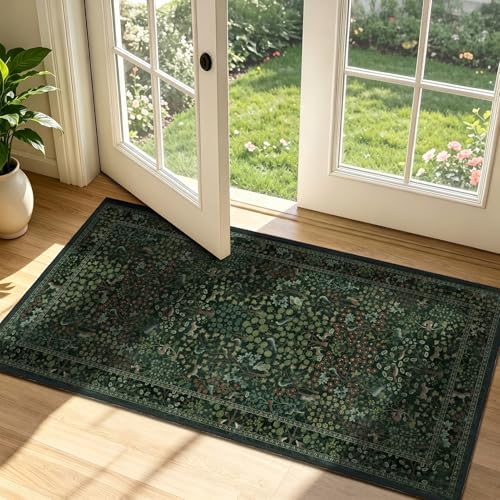 Whimsical Woodland Floral Animal 2x4 Entryway Rug, Washable Non Slip Thin Small by Jainmy