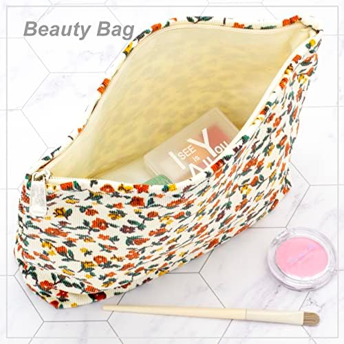 Flat Makeup Bag for Women, Zipper Cosmetic Pouch for Purse, Floral White - Image 3