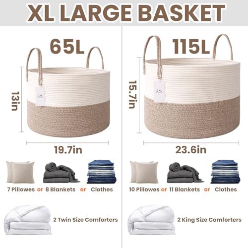 JMvicyroam 65L Extra Large Machine Washable Cotton Rope Blanket Basket - Image 3