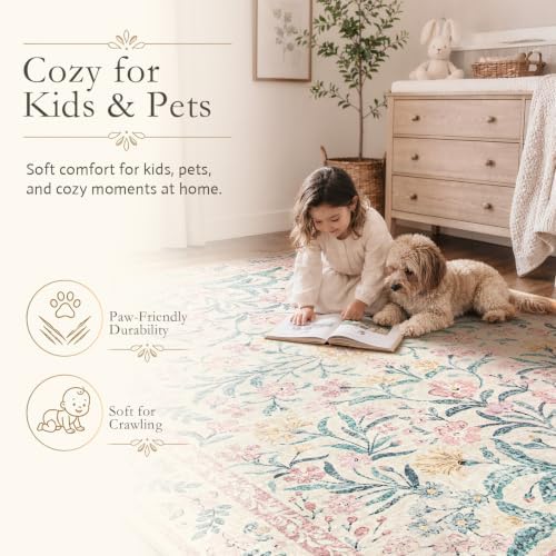 Wonnitar Floral Large Rugs for Living Room, Soft Light Pink Rug Washable 9x12 - Image 5