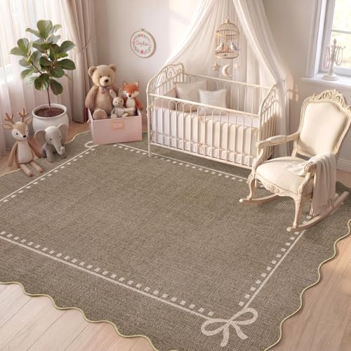 Garvee Scalloped Bow Rug Brown Washable Solid 4x6 Area Rugs by Garvee