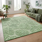 Sage Green Monstera 8x10 Area Rugs High-Low Plush Pile Washable by ArenaRug