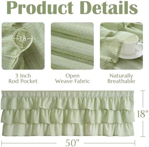jinchan Ruffled Valance Curtain 18 Inch Farmhouse Sheer 1 Panel Sage Green - Image 7