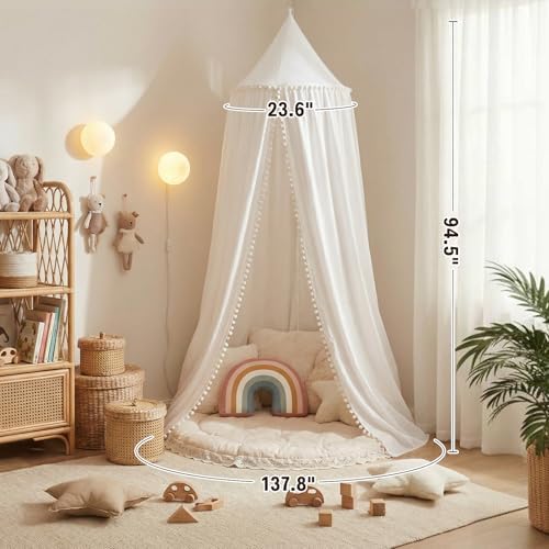 LOAOL Bed Canopy with Pom Pom Kids Reading Nook Hanging Tent - Image 4