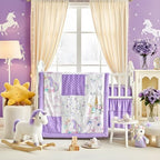 Patchwork Crib Bedding Set Unicorn Plaid Floral Design 3 Pieces Baby Girl Cute - Image 2