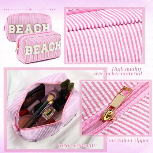 Sanwuta Seersucker Cosmetic Bags Beach Bags Chenille Letter Makeup Bag Stripe - Image 4