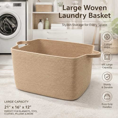 65L Large Laundry Basket with Handles, Woven Blanket Basket - Image 5