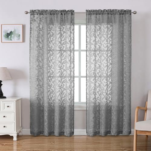 Lecloud Leia Charcoal Grey Sheer Curtains 72 Inches Long 2 Panels, Jacquard by Lecloud